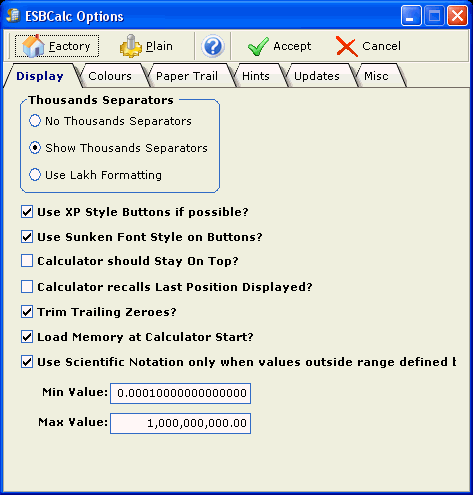 Screenshot of ESBCalc Pro Options