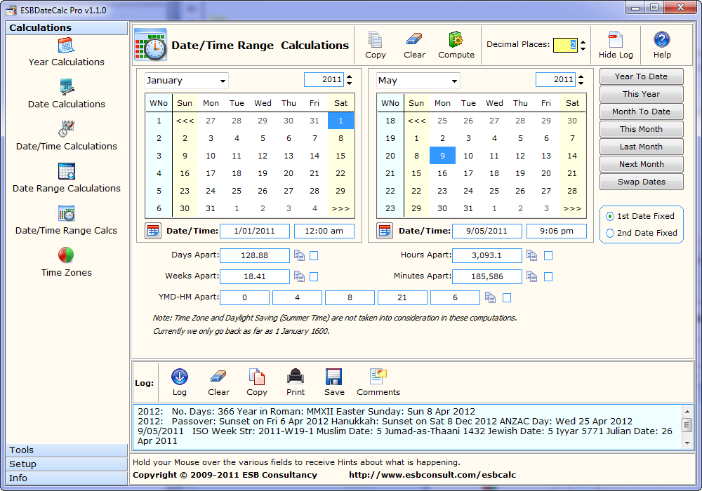 Screenshot of ESBDateCalc Pro