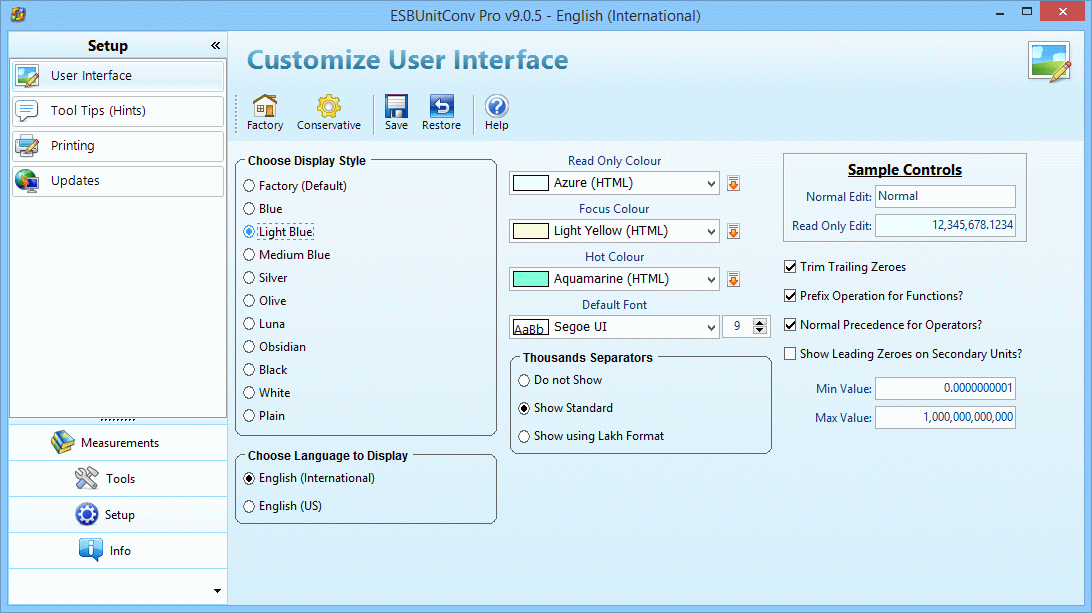 Screenshot of ESBUnitConv Pro Options