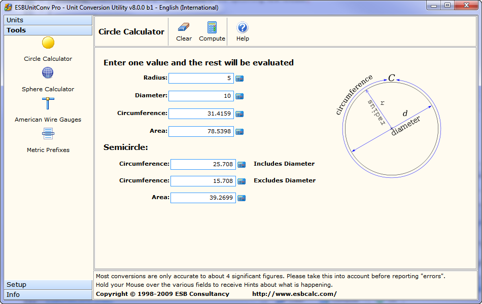 Screenshot of ESBUnitConv Pro Circle Calculator