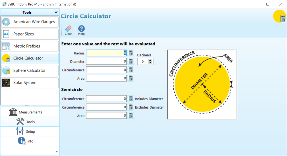 Screenshot of ESBUnitConv Pro Circle Calculator