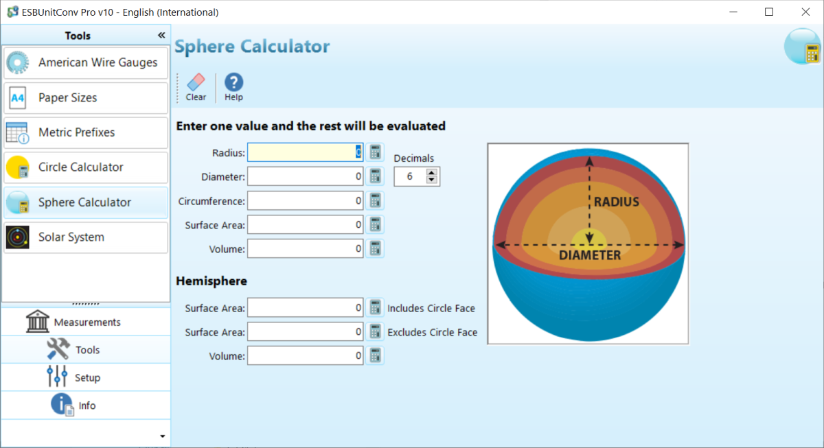 Screenshot of ESBUnitConv Pro Sphere Calculator